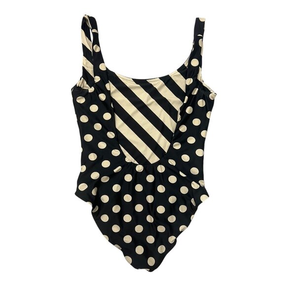 J Crew Reversible One Piece Swimsuit 14 Striped Polkadot Scoop Neck Black Tan - Picture 2 of 12